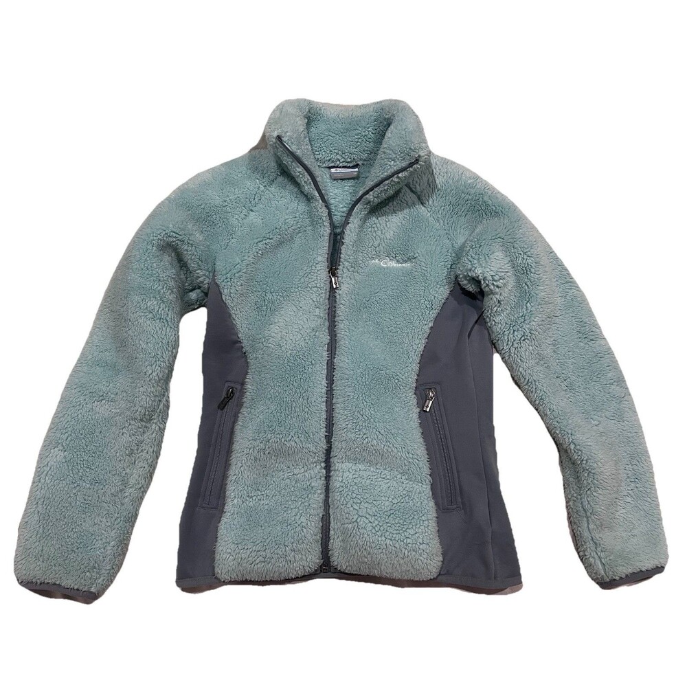 COLUMBIA Jacket Womens XS Green Gray Sherpa Fleece Long Sleeve Full Zip Nice!